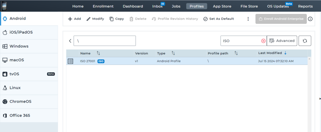 ISO 27001 profile in SureMDM web console