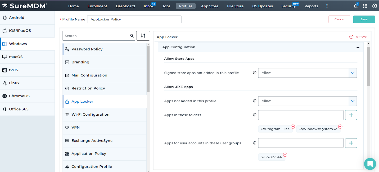 App configuration with Windows app locker