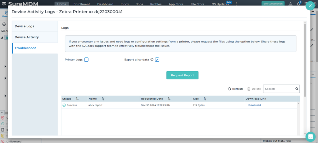 Retrieving allcv report for Zebra printers in SureMDM