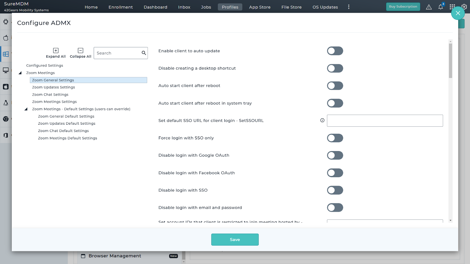List of available Zoom app settings 