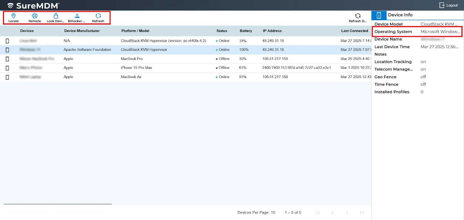 Available device management actions in Self service portal for Windows
