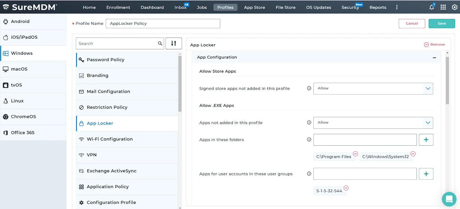 App configuration with Windows app locker