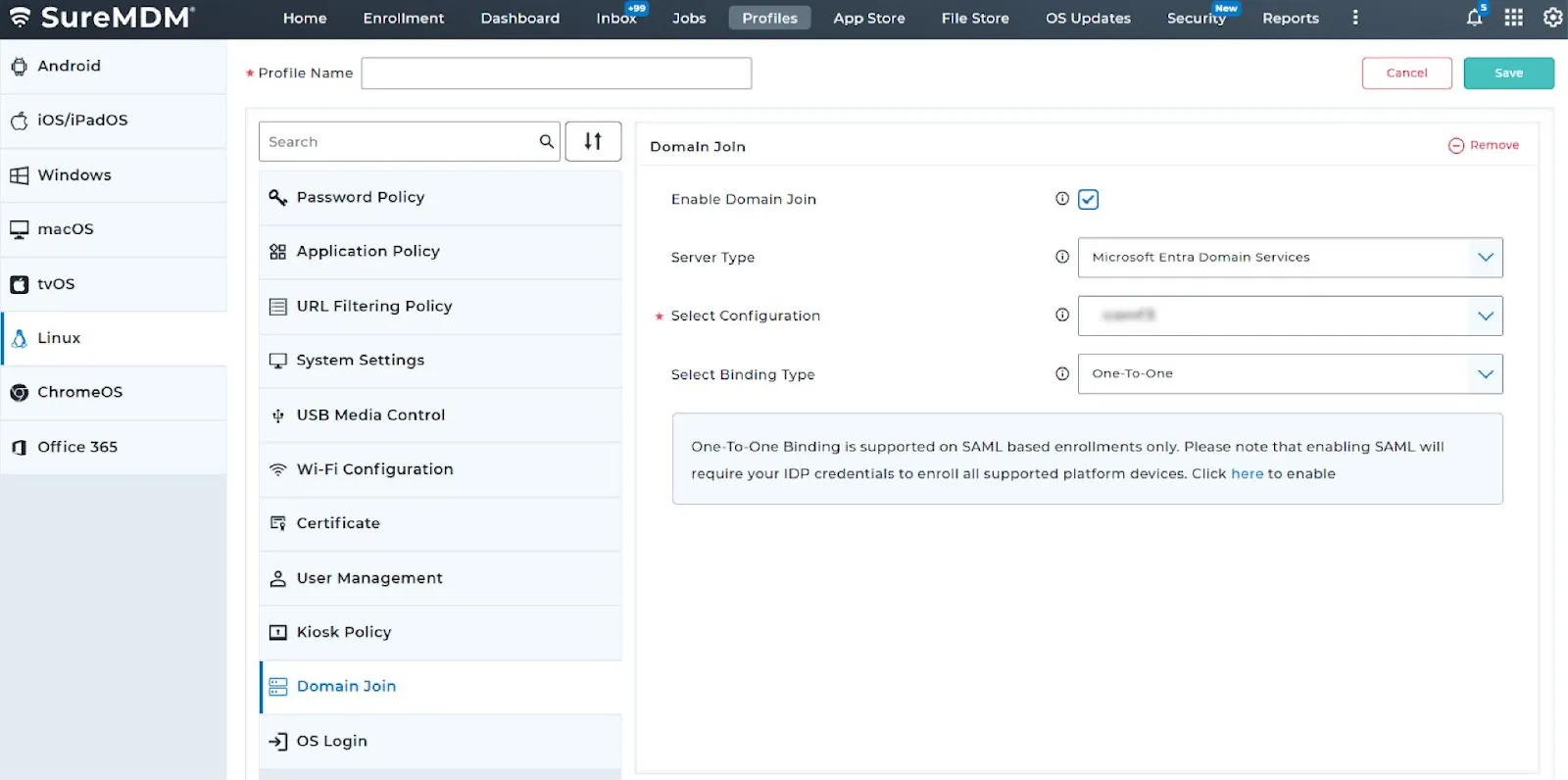 SureMDM domain join with Microsoft entra integration one to one binding