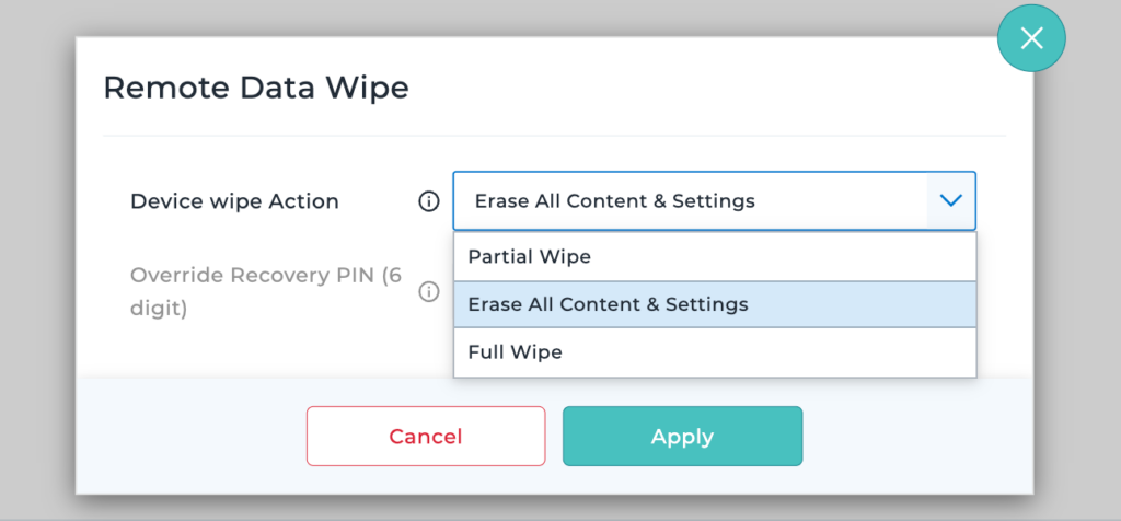 Erase All Content and Settings Action in the SureMDM Web Console