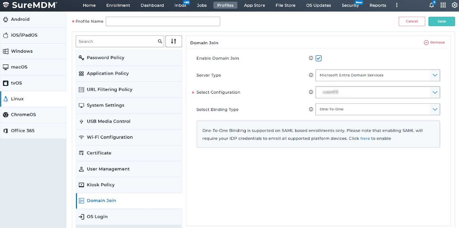 SureMDM domain join with Microsoft entra integration one to one binding